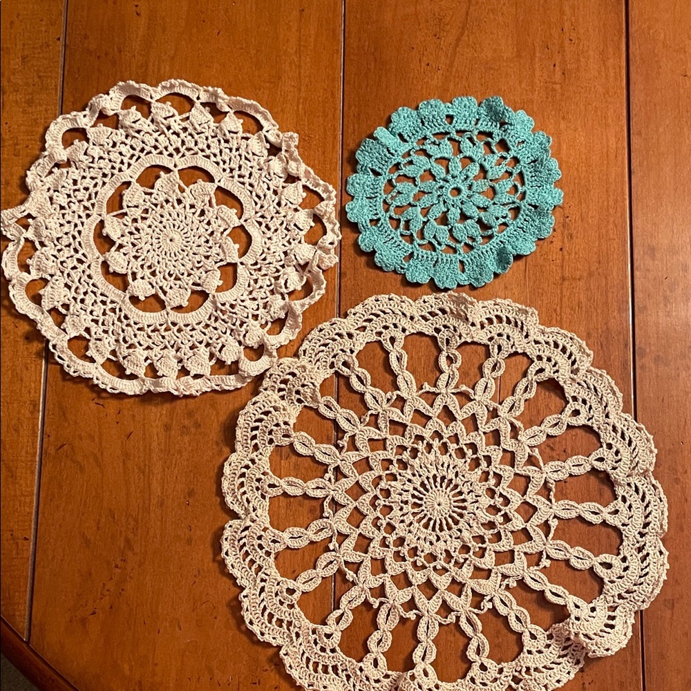 Vintage Handmade Crochet Doilies Set in Cream and Teal